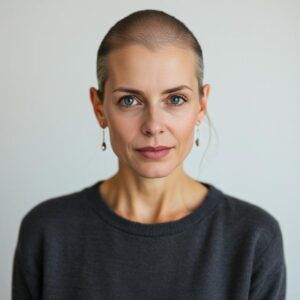 Bald woman showing visible scalp follicles representing hair loss and hair growth cycle stages — anagen, catagen, telogen, and exogen — used to illustrate the importance of personalised hair loss treatment